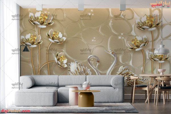 پوستر دیواری سه بعدی گل طلایی بژ