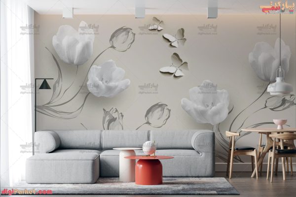 پوستر دیواری طرح گل لاله سفید و پروانه