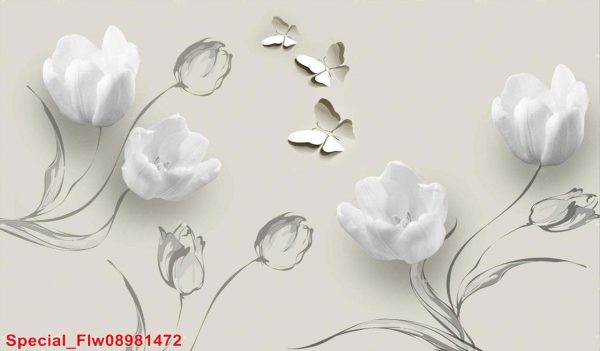 پوستر دیواری طرح گل لاله سفید و پروانه
