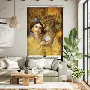 پرده تصویری تابلو فرش نقاشی مجسمه کوروش کبیر و دختر ایرانی با گل