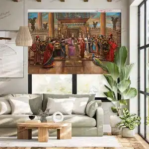 پرده تصویری نقاشی رنگ روغن کوروش بزرگ و معرفی منشور اثر استاد نادر لنجانی